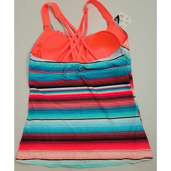 ZeroXposur Tankini Swimsuit Top Coral Teal Navy Stripe Cross Back Women Sz 8 NWT - Picture 3 of 7
